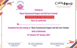 Basic Psychosocial support and self care training to care givers of the shelters,January 2021